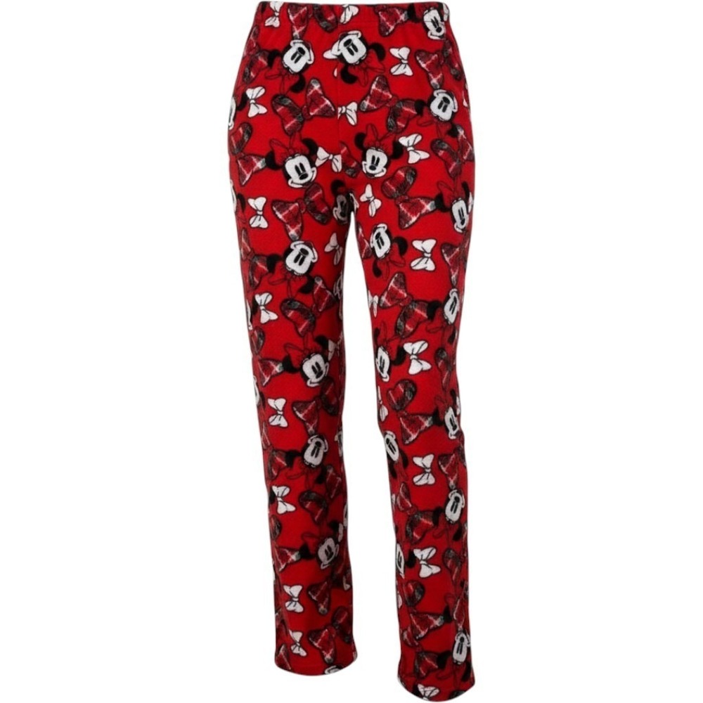 Disney Minnie Mouse‎ Pajama Pants Womens Large Red Fleece Plaid Bows Sleepwear
